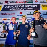 ADAC MX Masters 2019 , ADAC MX Masters Möggers, Siegerehrung beim ADAC MX Junior Cup 125ccm v.l.n.r. Mike Gwerder ( Schweiz / KTM / KINI KTM Junior Pro Team ), Simon Längenfelder ( Deutschland / KTM / WZ-Racing ) und Kevin Brumann ( Schweiz / Yamaha / STC